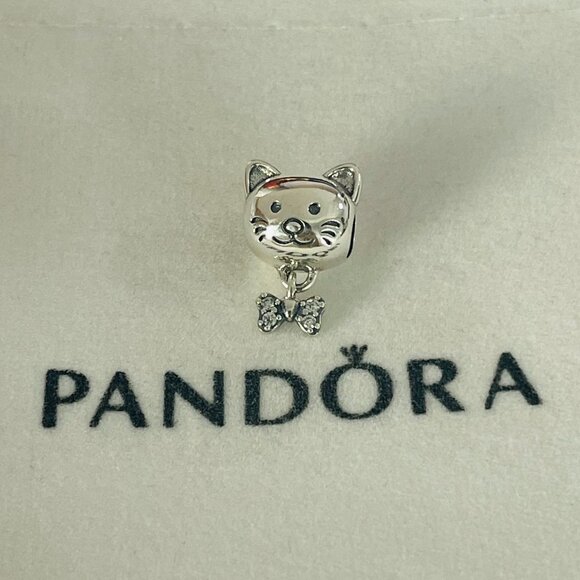 Pandora Pet Cat & Bow Dangle Charm Pendant, S925 Sterling Silver Jewelry - Picture 1 of 3